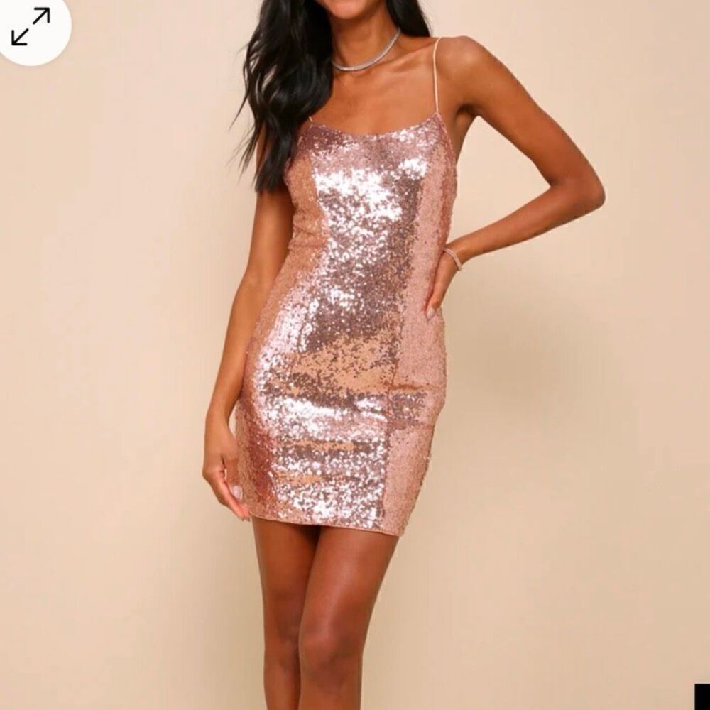 New with Tag. Medium Lulus Bring It Rose Gold Sequin Bodycon Mini Dress (M1)